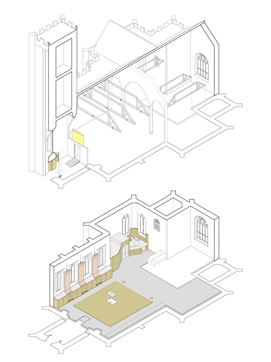 Horsley Church isometric architectural drawings showing nave layout before and after conversion